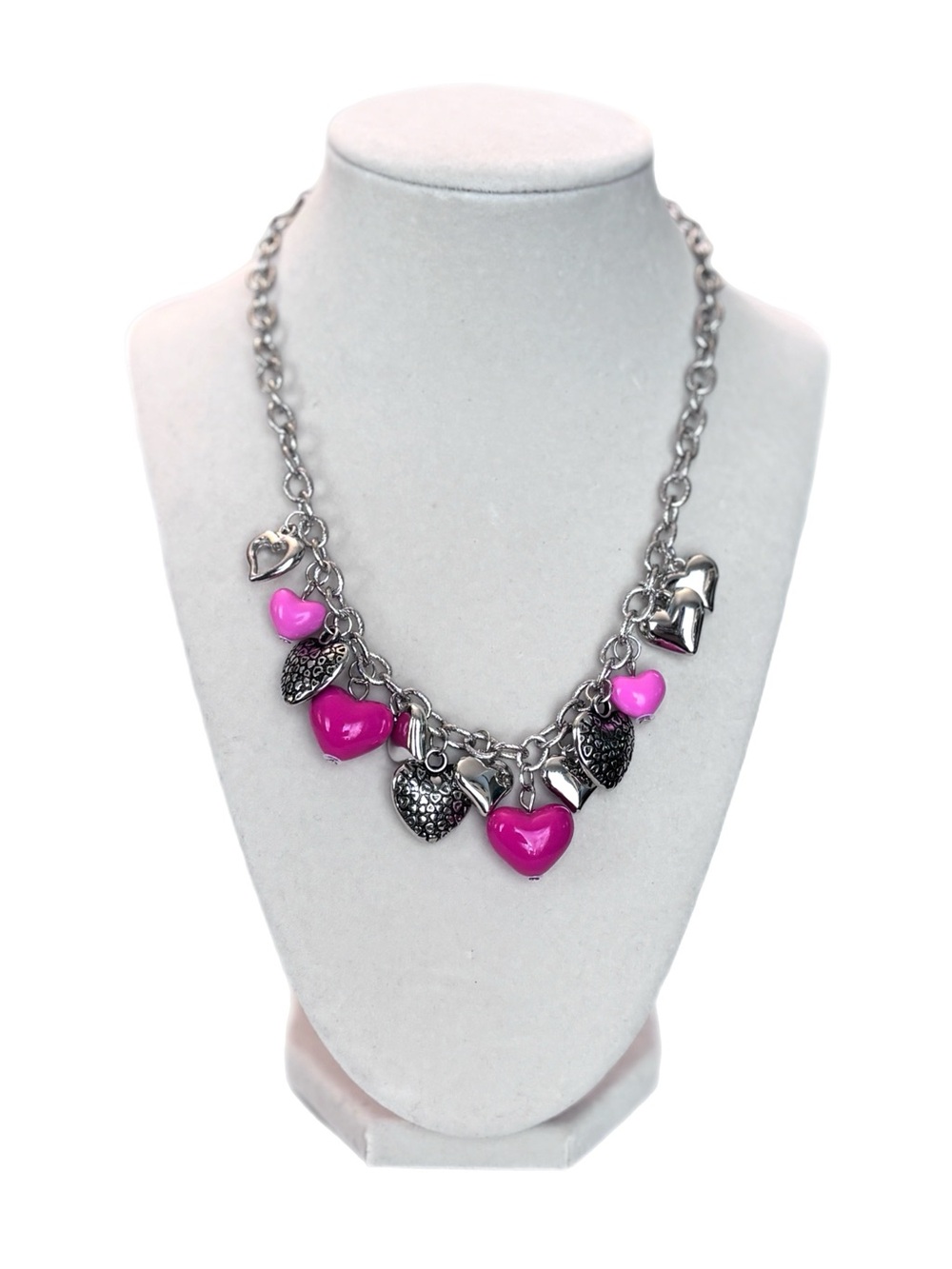 Pink, Mauve and Silver Heart Charms with Silver Chain Link Necklace